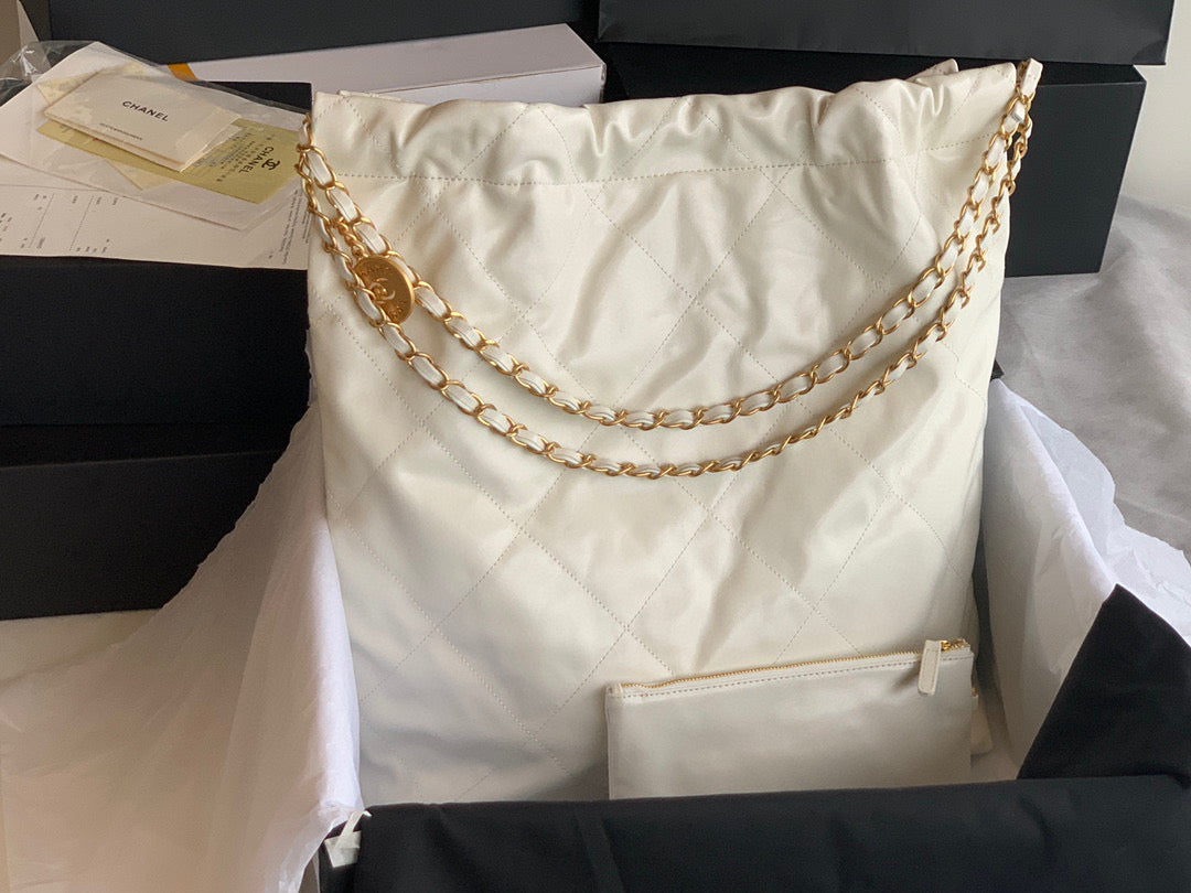 Chanel 22 Large Handbag Shiny Calfskin Lacquered Metal AS3262 White Logo Black - Default Title - View 5