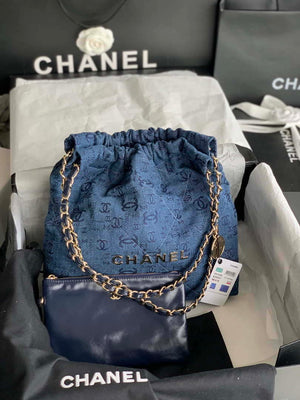 Chanel 22 Handbag Gold-Tone Metal Canvas AS3260 Blue denim - Default Title - View 1