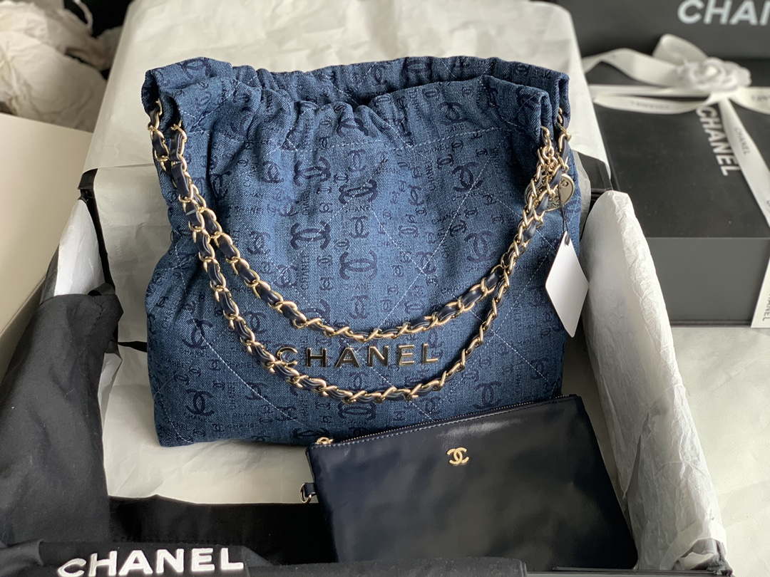 Chanel 22 Handbag Gold-Tone Metal Canvas AS3260 Blue denim - Default Title - View 2