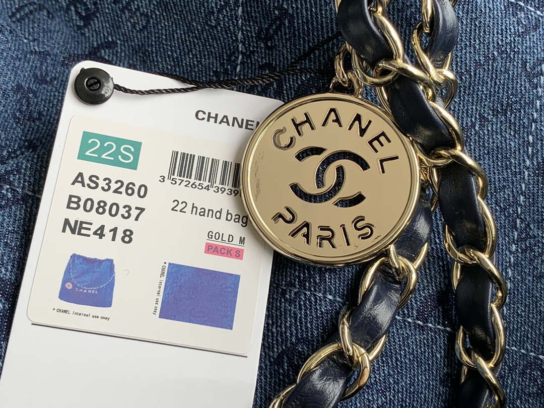 Chanel 22 Handbag Gold-Tone Metal Canvas AS3260 Blue denim - Default Title - View 3
