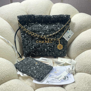 Chanel 22 Handbag Gold-Tone Metal Canvas AS3260 Gray and White - Default Title - View 1