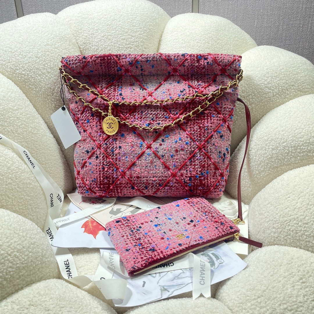 Chanel 22 Handbag Gold-Tone Metal Canvas AS3260 Pink