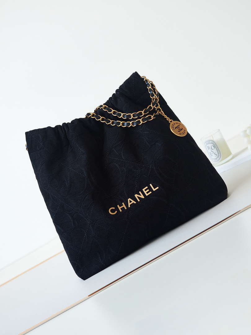 Chanel 22 Handbag Shiny AS3261 Black Velvet Gold - Default Title - View 1