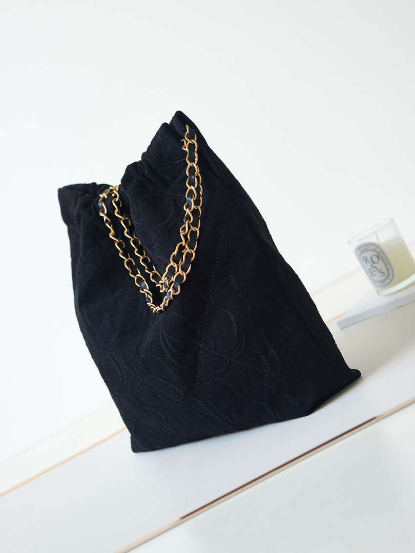 Chanel 22 Handbag Shiny AS3261 Black Velvet Gold