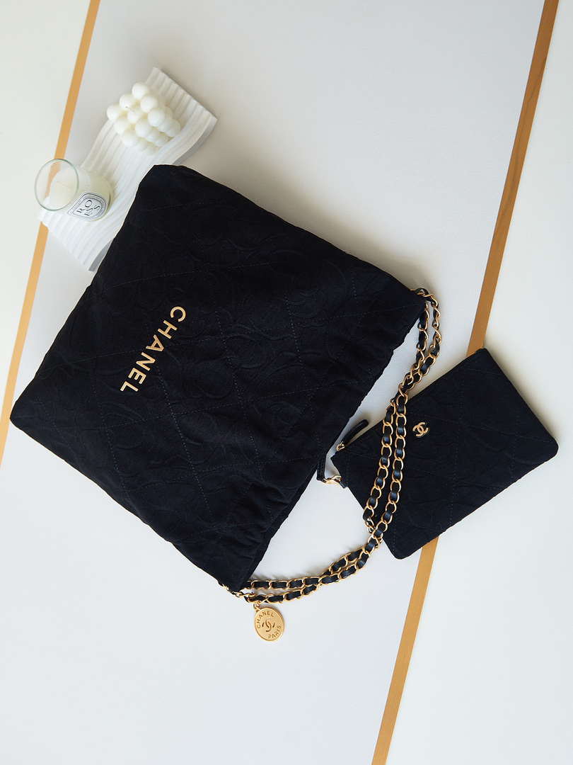 Chanel 22 Handbag Shiny AS3261 Black Velvet Gold