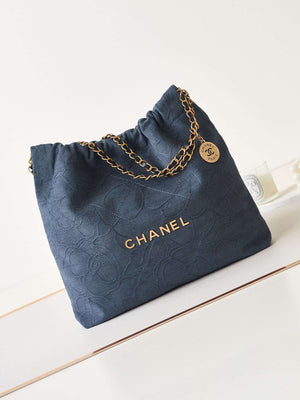 Chanel 22 Handbag Shiny AS3261 Navy Blue Velvet Gold - Default Title - View 1