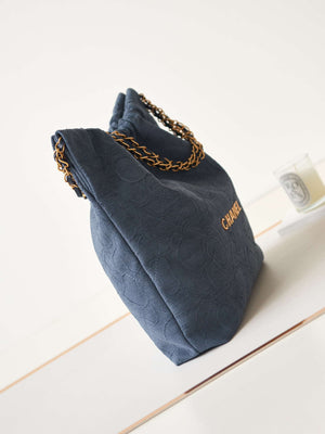 Chanel 22 Handbag Shiny AS3261 Navy Blue Velvet Gold - Default Title - View 3