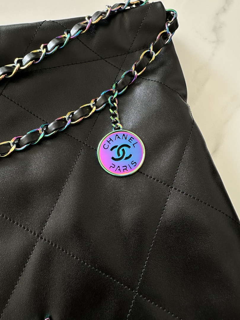 Chanel 22 Handbag Shiny Black Calfskin AS3261 with Symphony Hardware
