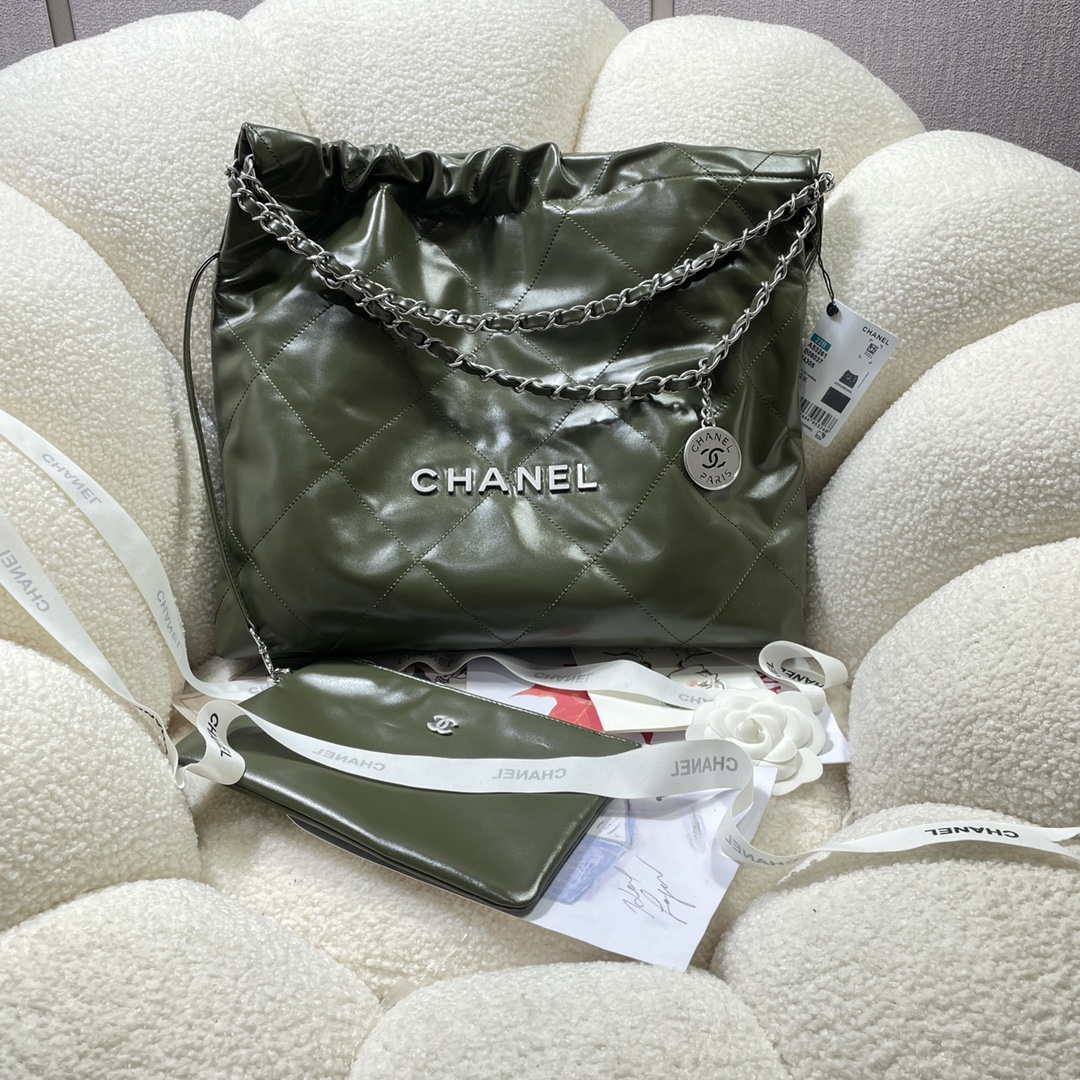 Chanel 22 Handbag Shiny Calfskin AS3261 Dark Green - Default Title - View 1