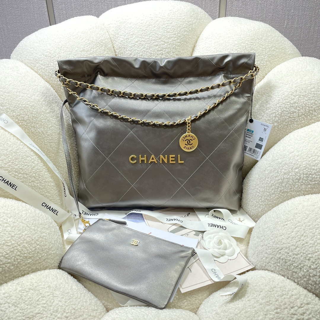 Chanel 22 Handbag Shiny Calfskin AS3261 Gray Silver - Default Title - View 1