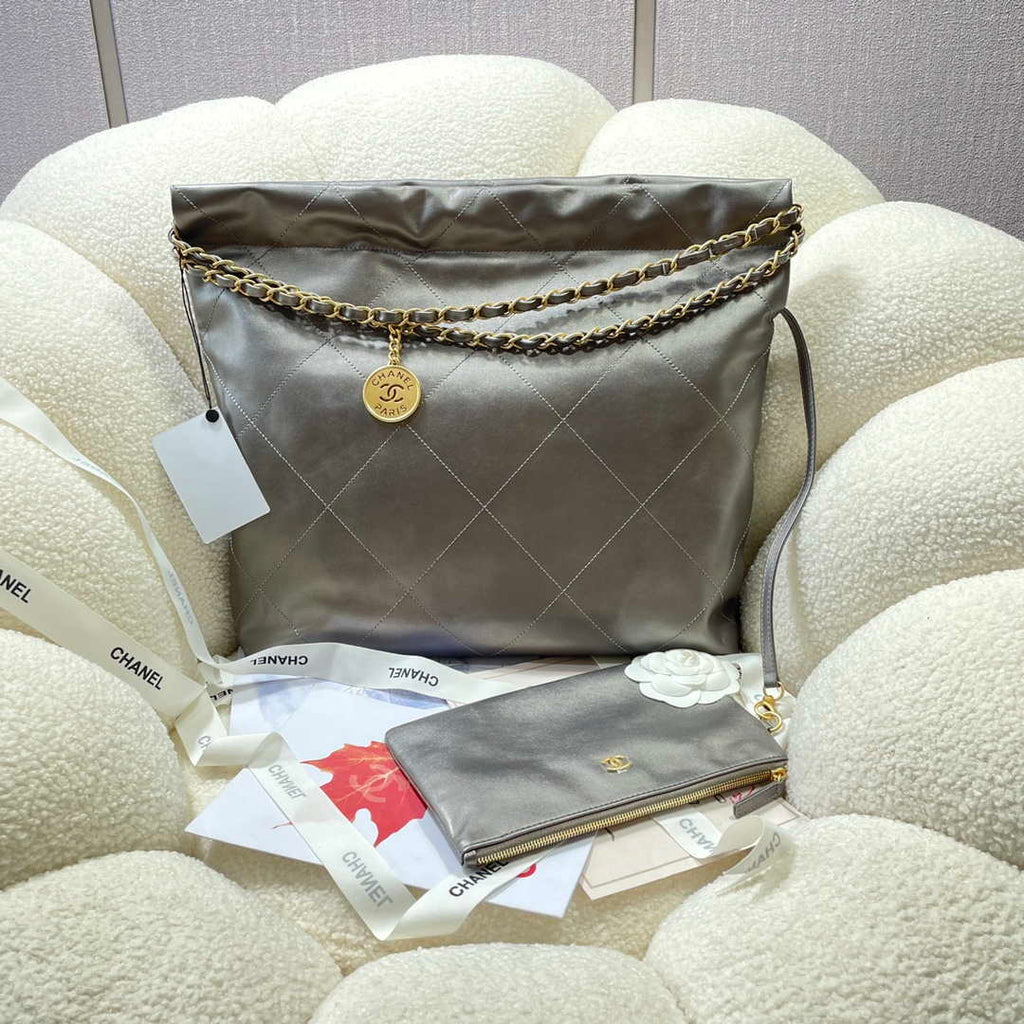 Chanel 22 Handbag Shiny Calfskin AS3261 Gray Silver