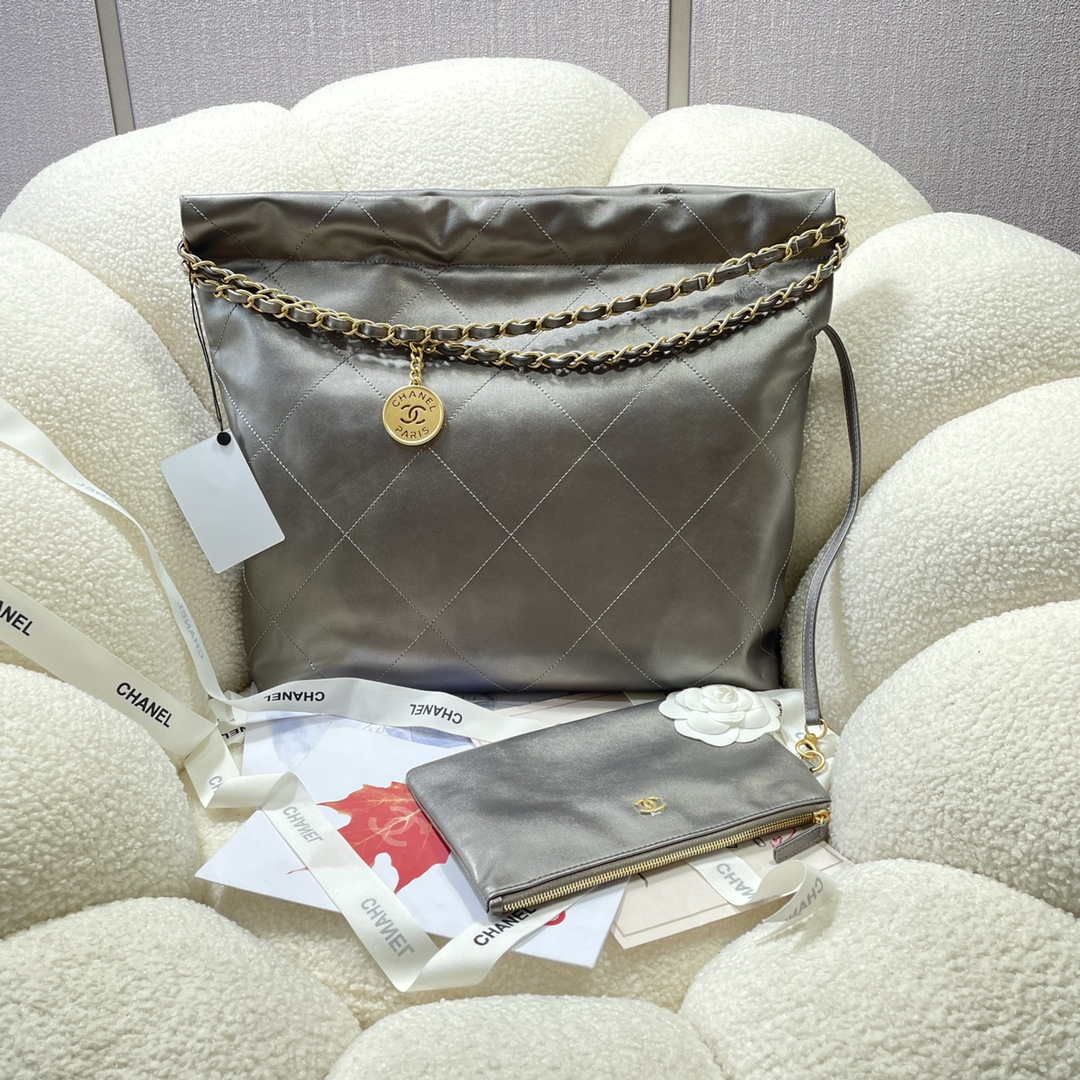 Chanel 22 Handbag Shiny Calfskin AS3261 Gray Silver