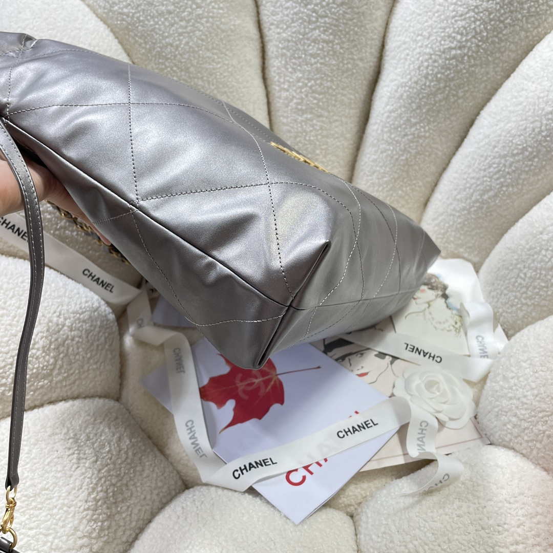 Chanel 22 Handbag Shiny Calfskin AS3261 Gray Silver