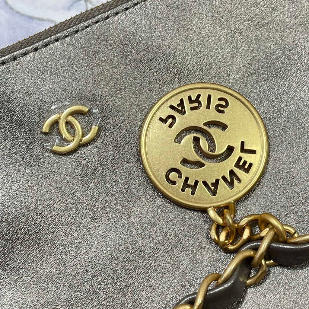Chanel 22 Handbag Shiny Calfskin AS3261 Gray Silver