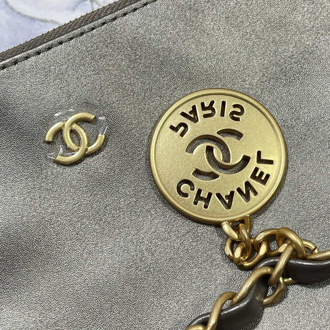 Chanel 22 Handbag Shiny Calfskin AS3261 Gray Silver