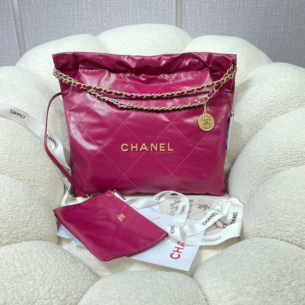 Chanel 22 Handbag Shiny Calfskin AS3261 Rose Red