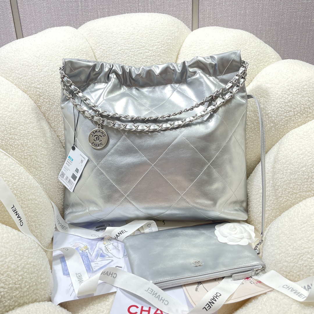 Chanel 22 Handbag Shiny Calfskin AS3261 Silver