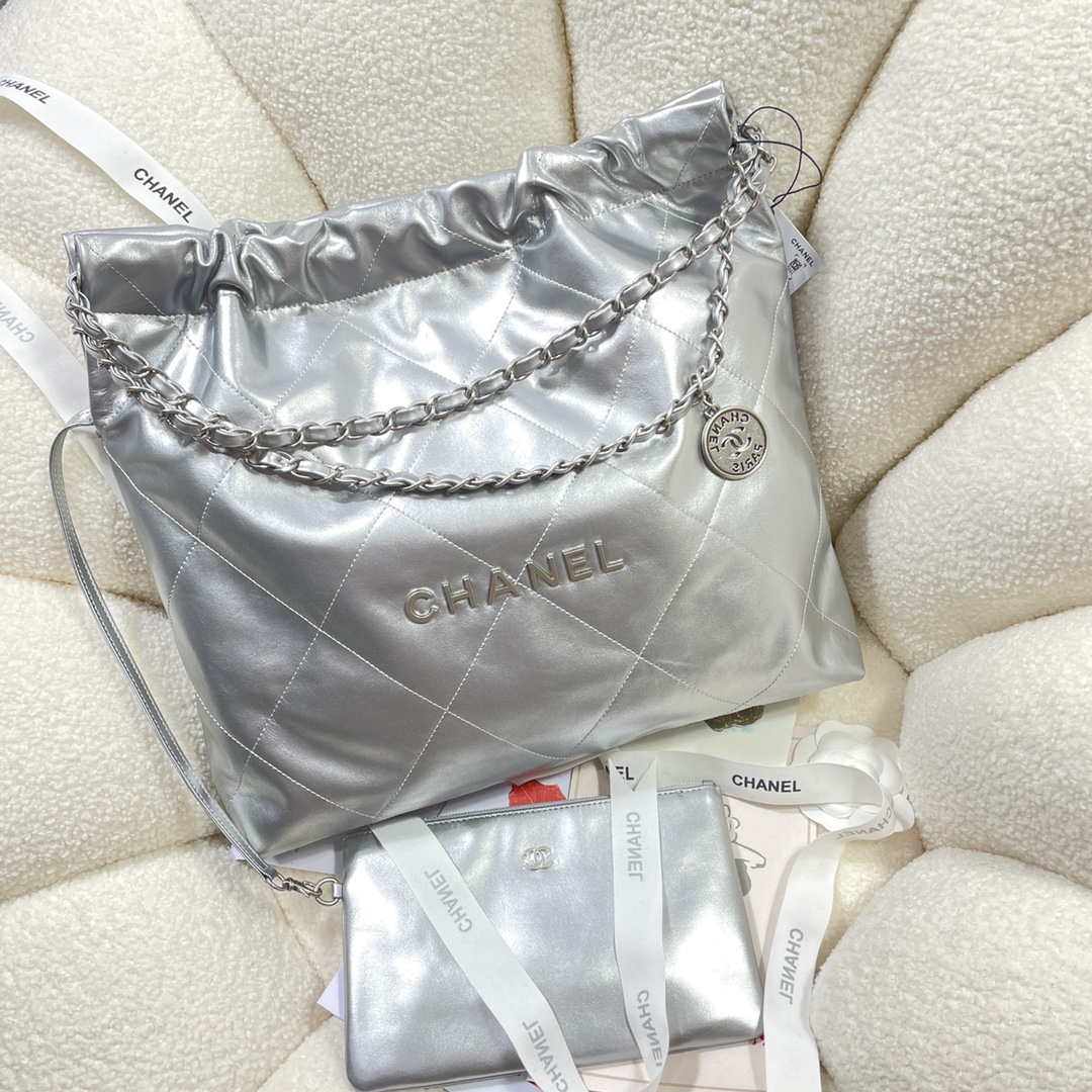Chanel 22 Handbag Shiny Calfskin AS3261 Silver - Default Title - View 3
