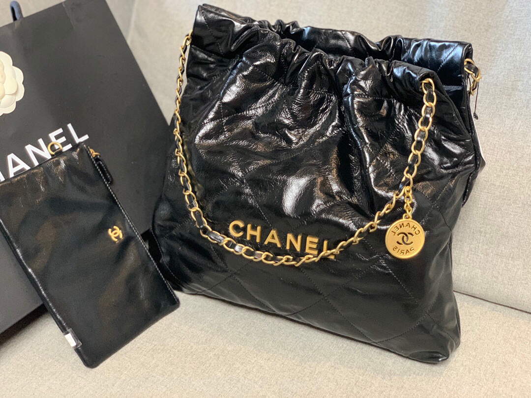 Chanel 22 Handbag Shiny Calfskin Gold AS3261 Black - Default Title - View 2