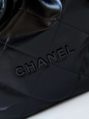 Chanel 22 Handbag Shiny Calfskin Gold AS3261 Black with Black Logo - Default Title - View 2