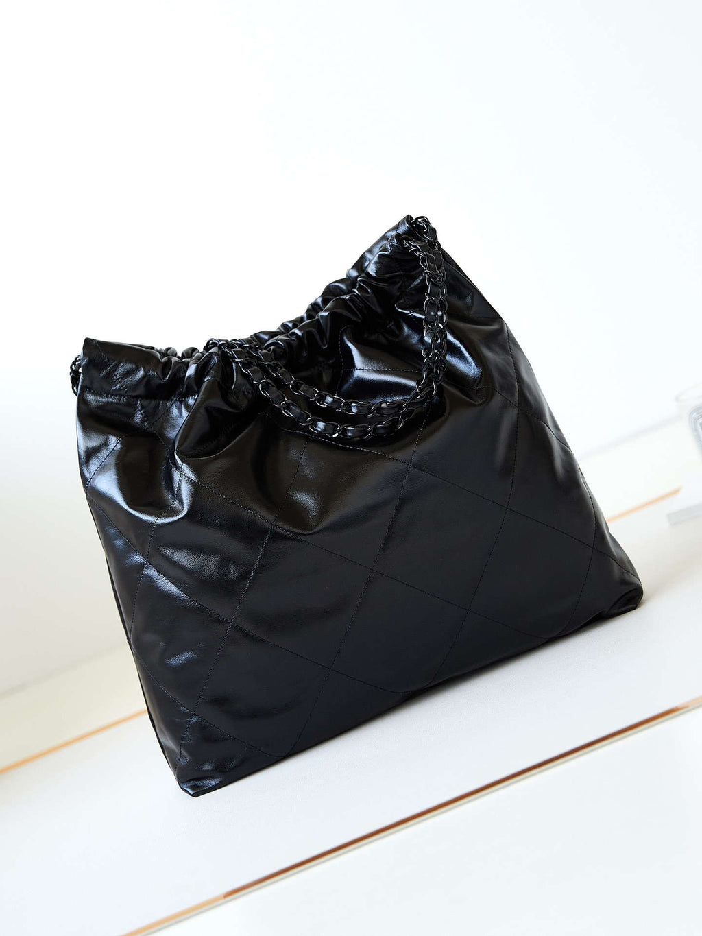 Chanel 22 Handbag Shiny Calfskin Gold AS3261 Black with Black Logo