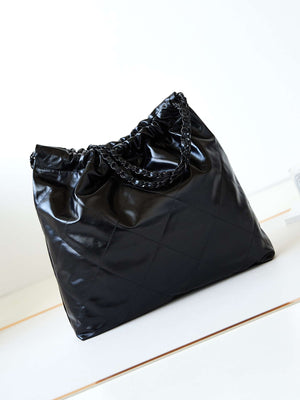 Chanel 22 Handbag Shiny Calfskin Gold AS3261 Black with Black Logo - Default Title - View 5