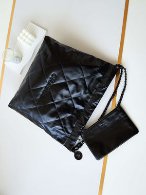 Chanel 22 Handbag Shiny Calfskin Gold AS3261 Black with Black Logo - Default Title - View 7