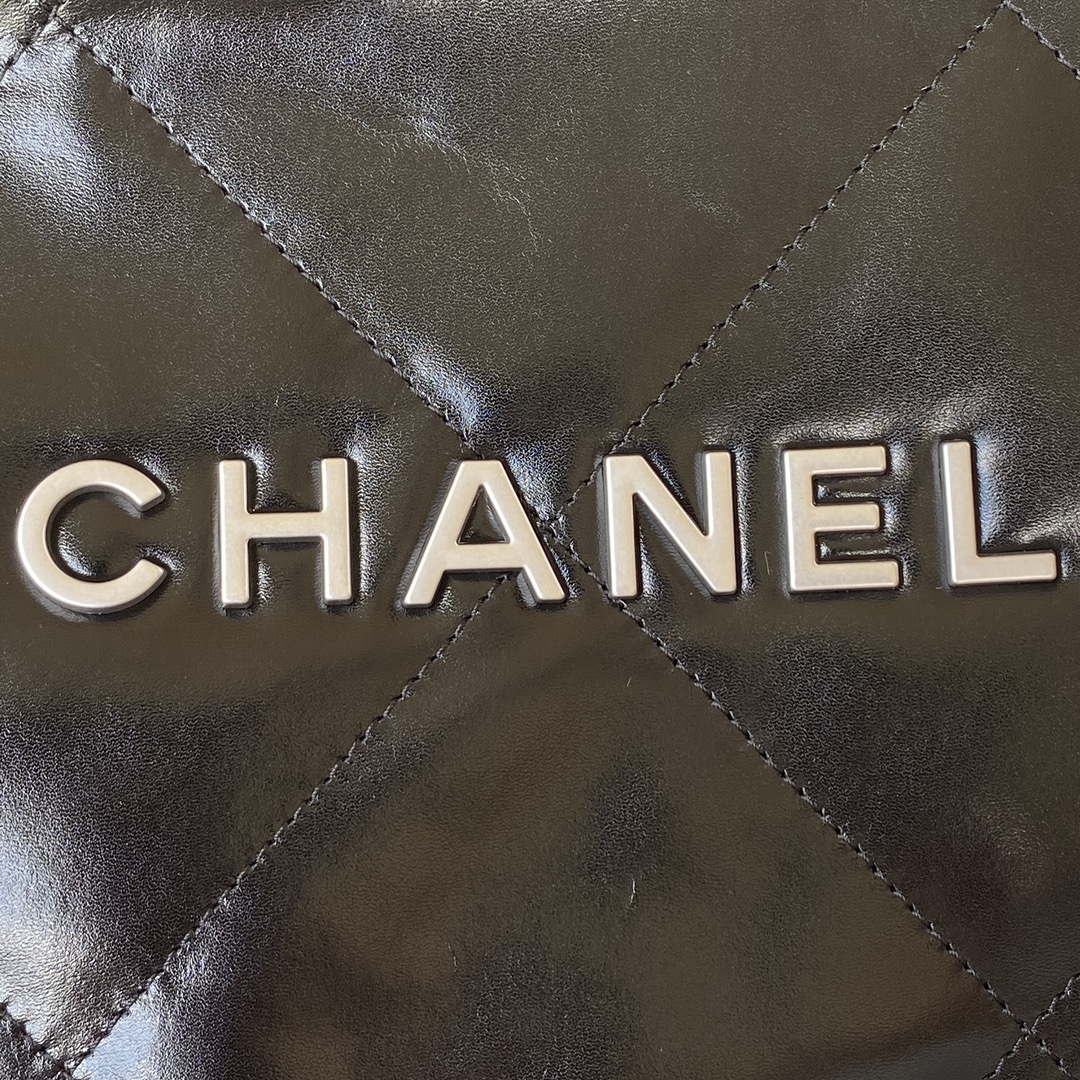 Chanel 22 Handbag Shiny Calfskin Gold AS3261 Black with Silver Logo - Default Title - View 4