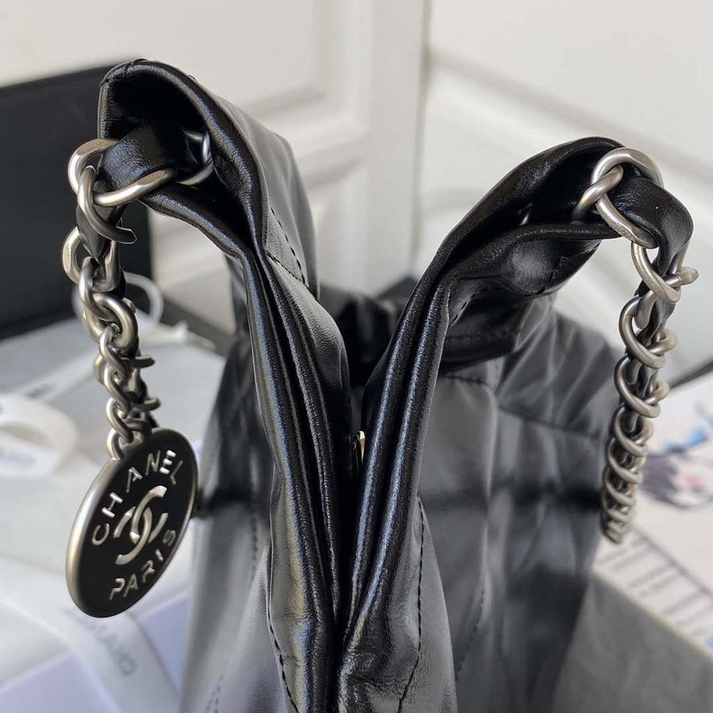 Chanel 22 Handbag Shiny Calfskin Gold AS3261 Black with Silver Logo