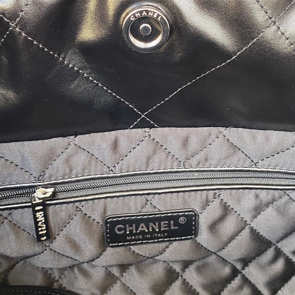 Chanel 22 Handbag Shiny Calfskin Gold AS3261 Black with Silver Logo