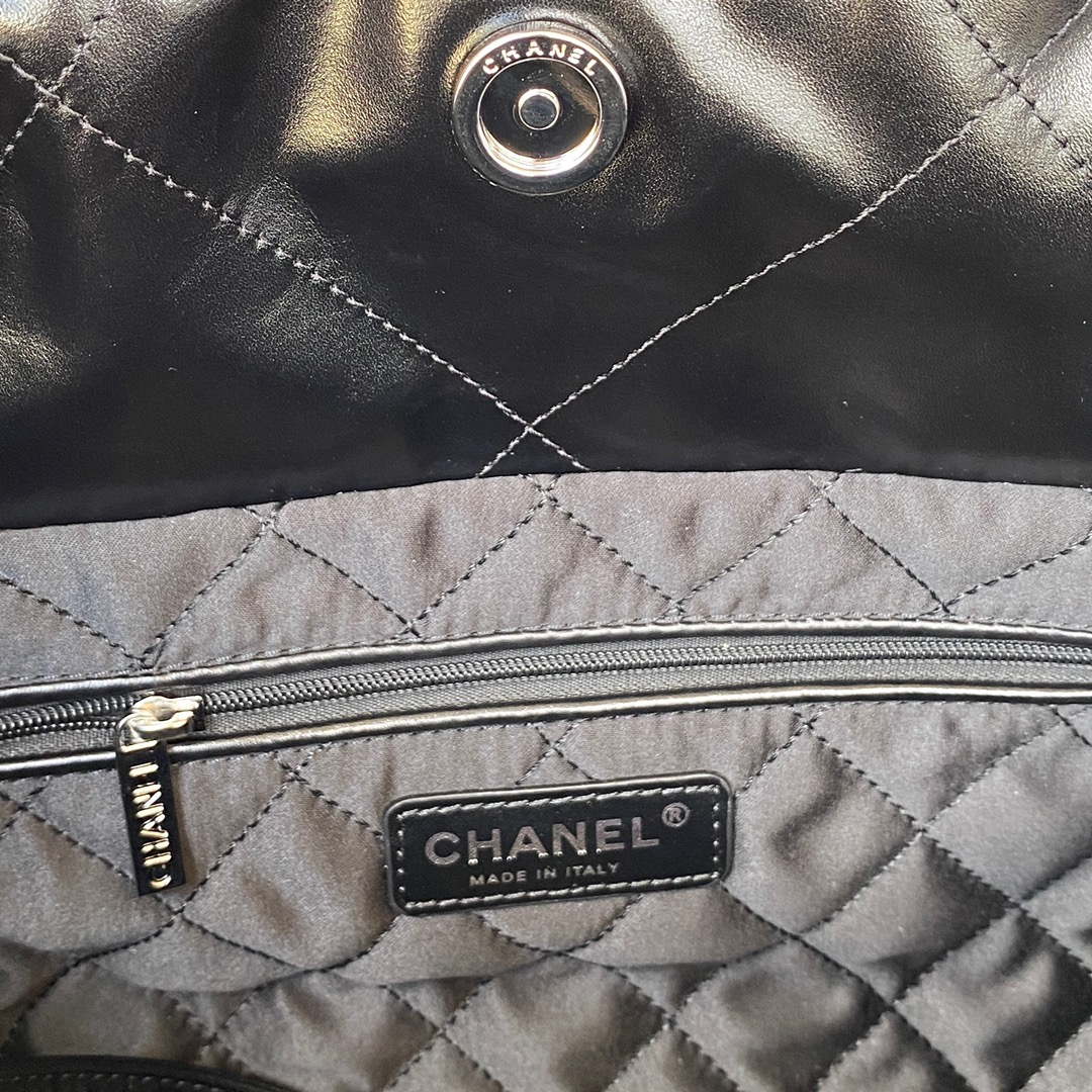 Chanel 22 Handbag Shiny Calfskin Gold AS3261 Black with Silver Logo - Default Title - View 9
