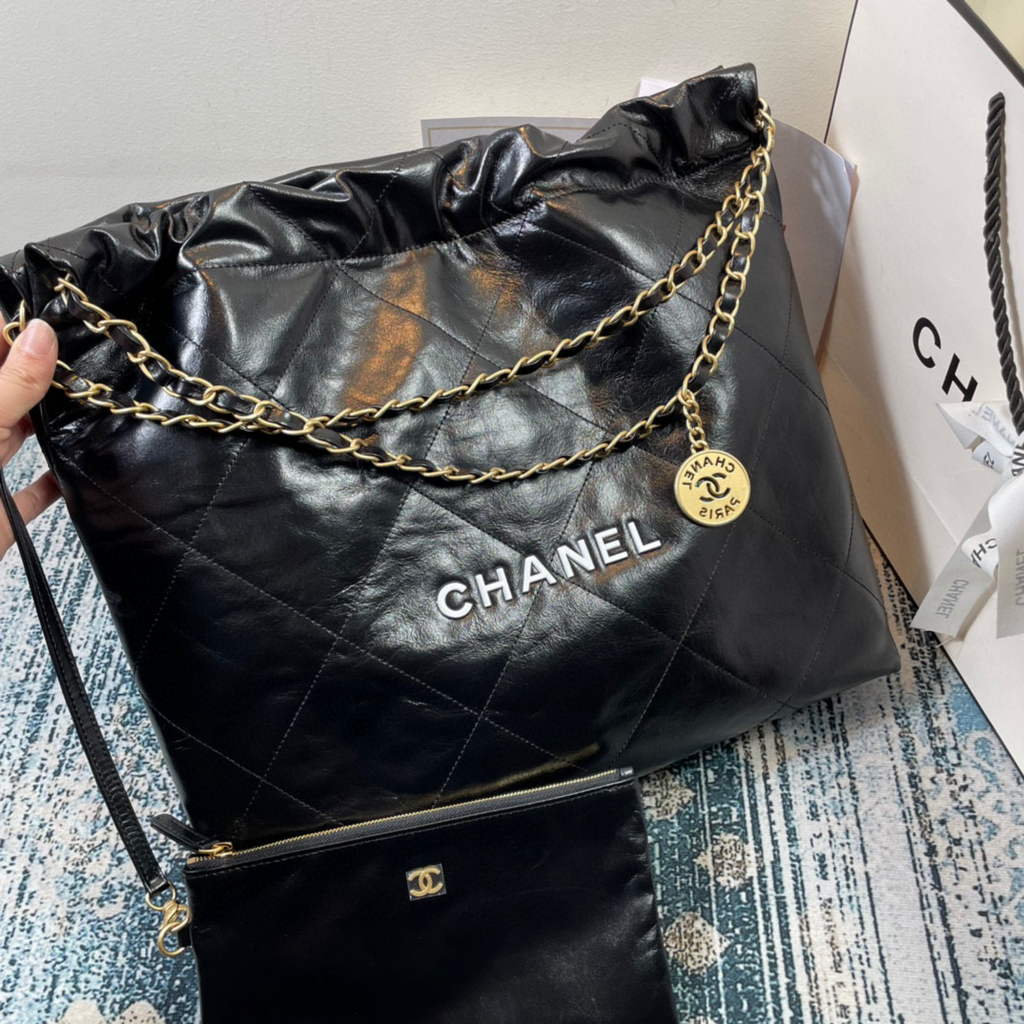 Chanel 22 Handbag Shiny Calfskin Gold AS3261 Black with white logo