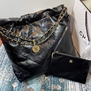 Chanel 22 Handbag Shiny Calfskin Gold AS3261 Black with white logo - Default Title - View 3