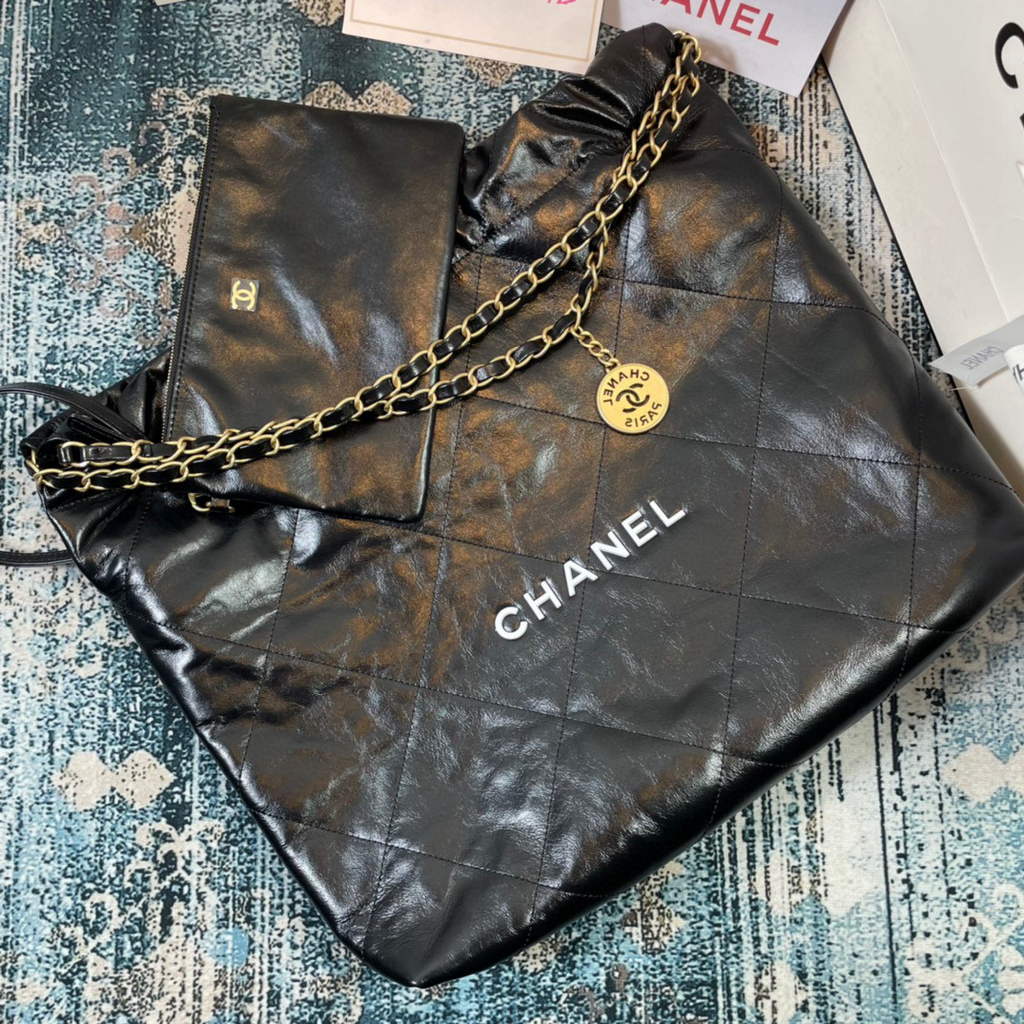 Chanel 22 Handbag Shiny Calfskin Gold AS3261 Black with white logo