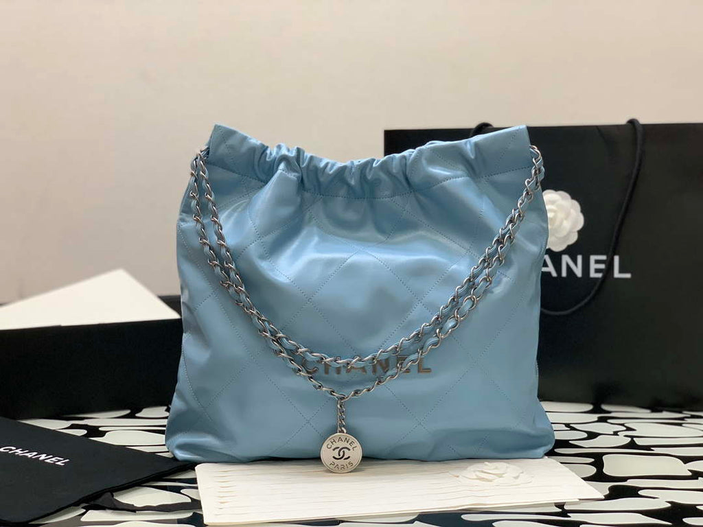 Chanel 22 Handbag Shiny Calfskin Gold AS3261 Light Blue Silver