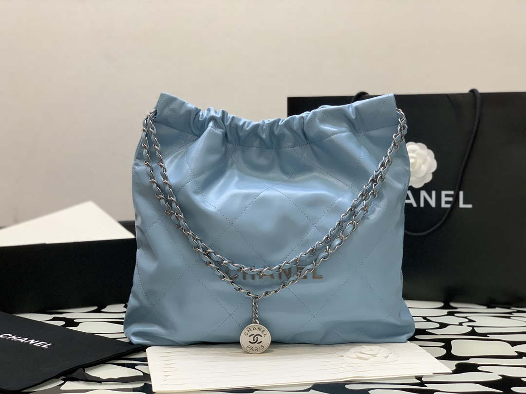 Chanel 22 Handbag Shiny Calfskin Gold AS3261 Light Blue Silver - Default Title - View 1