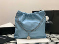 Chanel 22 Handbag Shiny Calfskin Gold AS3261 Light Blue Silver