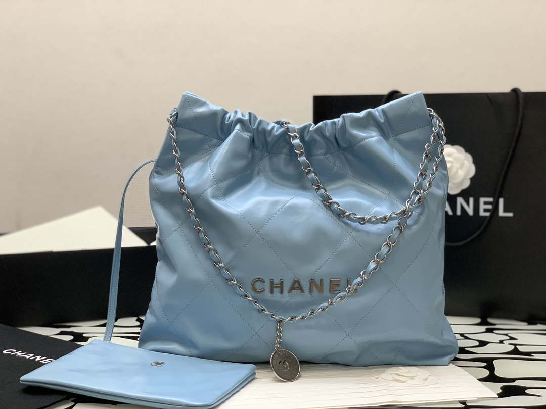 Chanel 22 Handbag Shiny Calfskin Gold AS3261 Light Blue Silver - Default Title - View 2