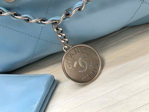 Chanel 22 Handbag Shiny Calfskin Gold AS3261 Light Blue Silver - Default Title - View 3