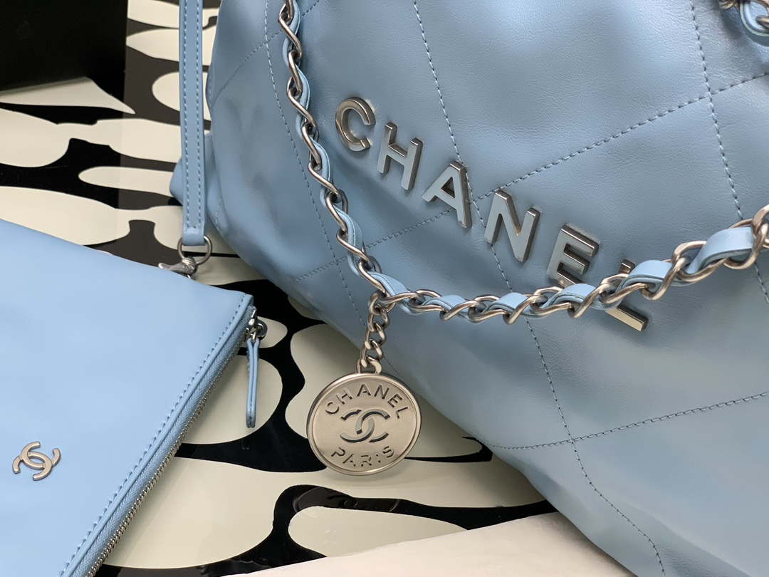 Chanel 22 Handbag Shiny Calfskin Gold AS3261 Light Blue Silver - Default Title - View 5