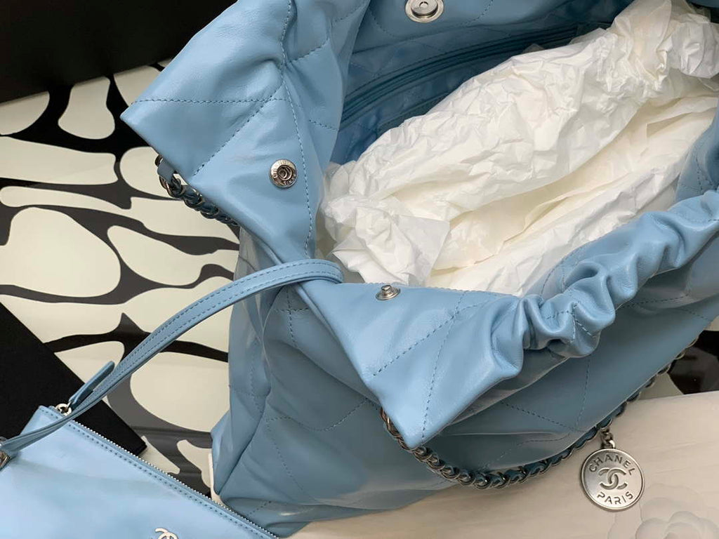 Chanel 22 Handbag Shiny Calfskin Gold AS3261 Light Blue Silver