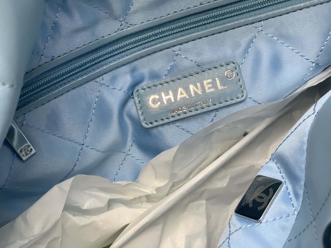 Chanel 22 Handbag Shiny Calfskin Gold AS3261 Light Blue Silver