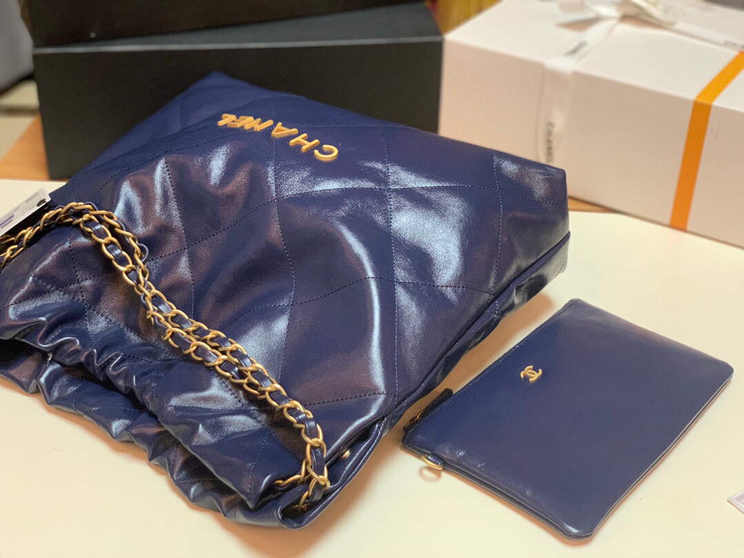 Chanel 22 Handbag Shiny Calfskin Gold AS3261 Navy Blue - Default Title - View 5