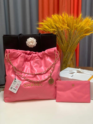 Chanel 22 Handbag Shiny Calfskin Gold AS3261 Pink - Default Title - View 1