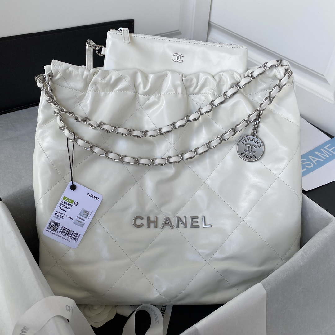 Chanel 22 Handbag Shiny Calfskin Gold AS3261 White with Silver Logo - Default Title - View 1