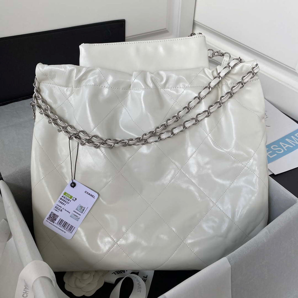 Chanel 22 Handbag Shiny Calfskin Gold AS3261 White with Silver Logo
