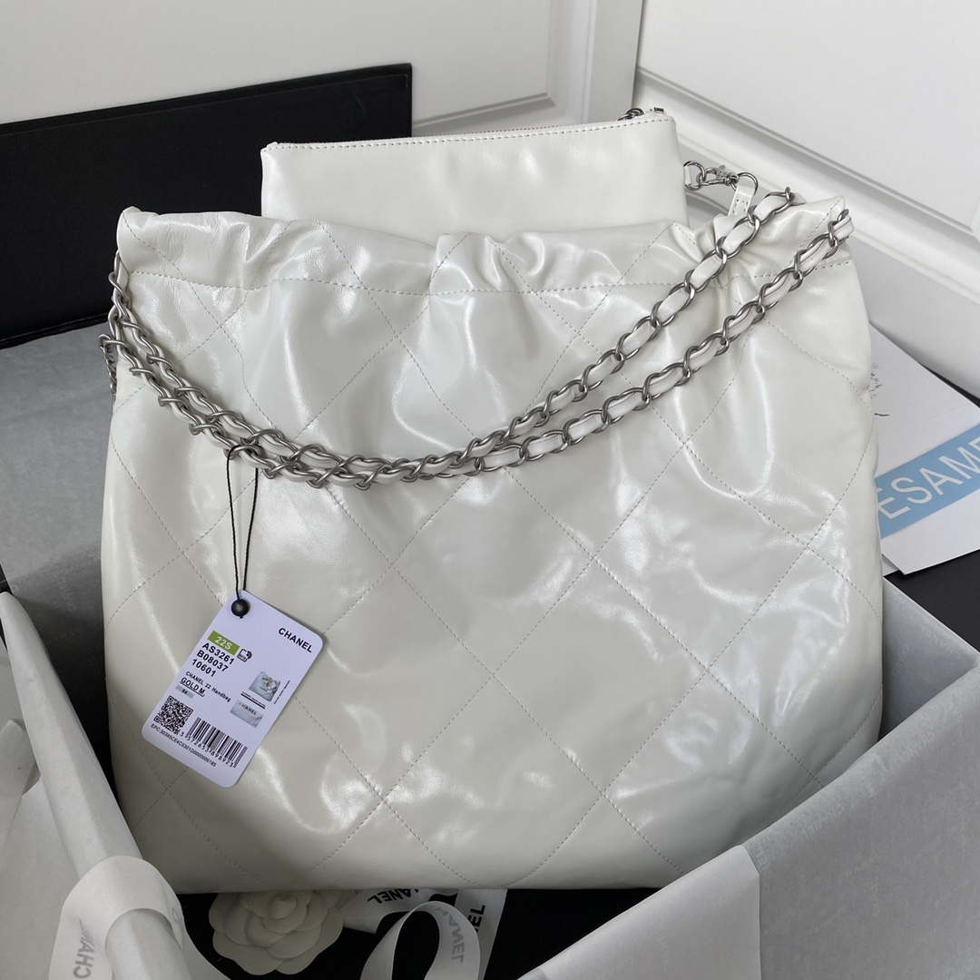 Chanel 22 Handbag Shiny Calfskin Gold AS3261 White with Silver Logo
