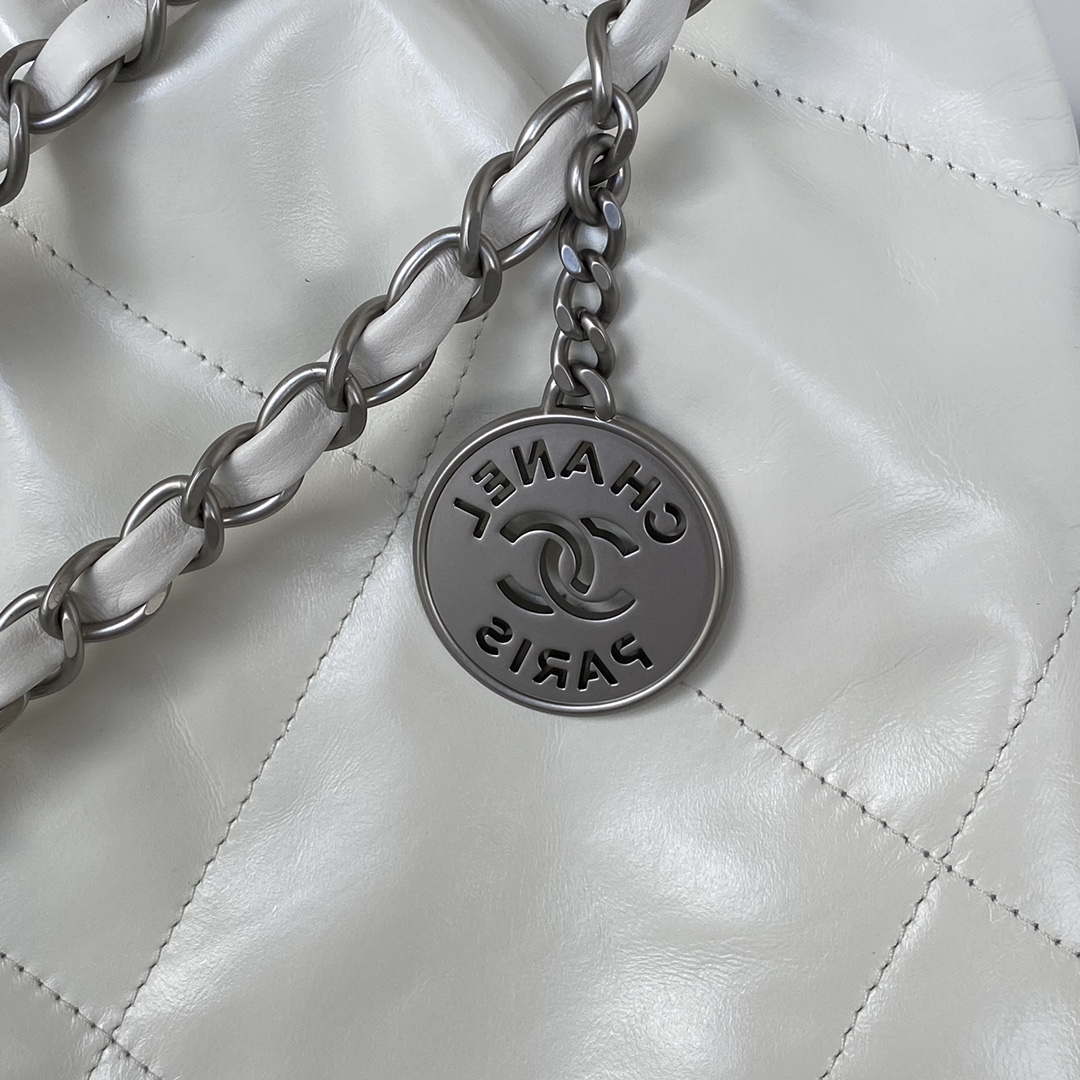 Chanel 22 Handbag Shiny Calfskin Gold AS3261 White with Silver Logo - Default Title - View 3