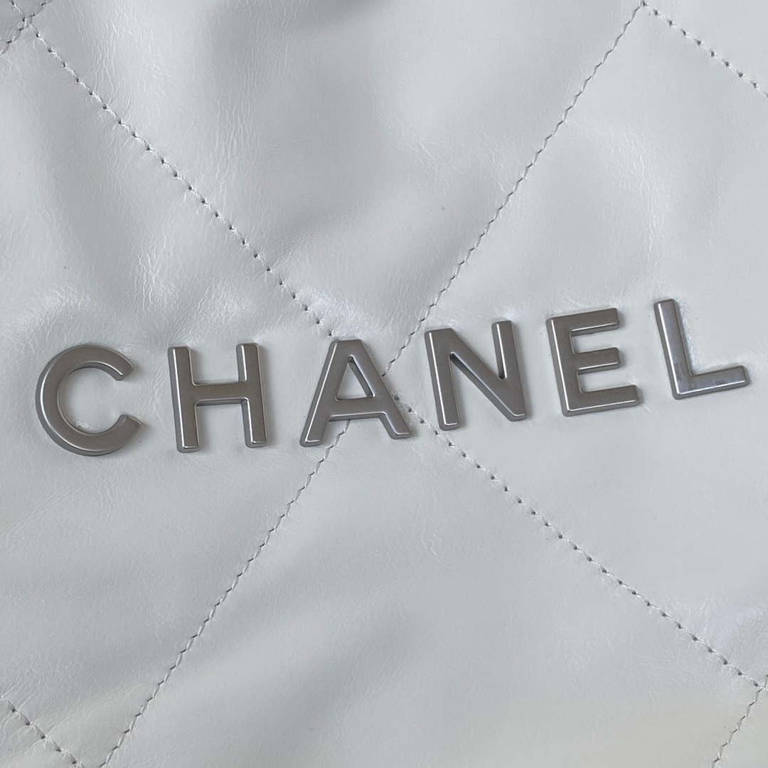 Chanel 22 Handbag Shiny Calfskin Gold AS3261 White with Silver Logo - Default Title - View 4