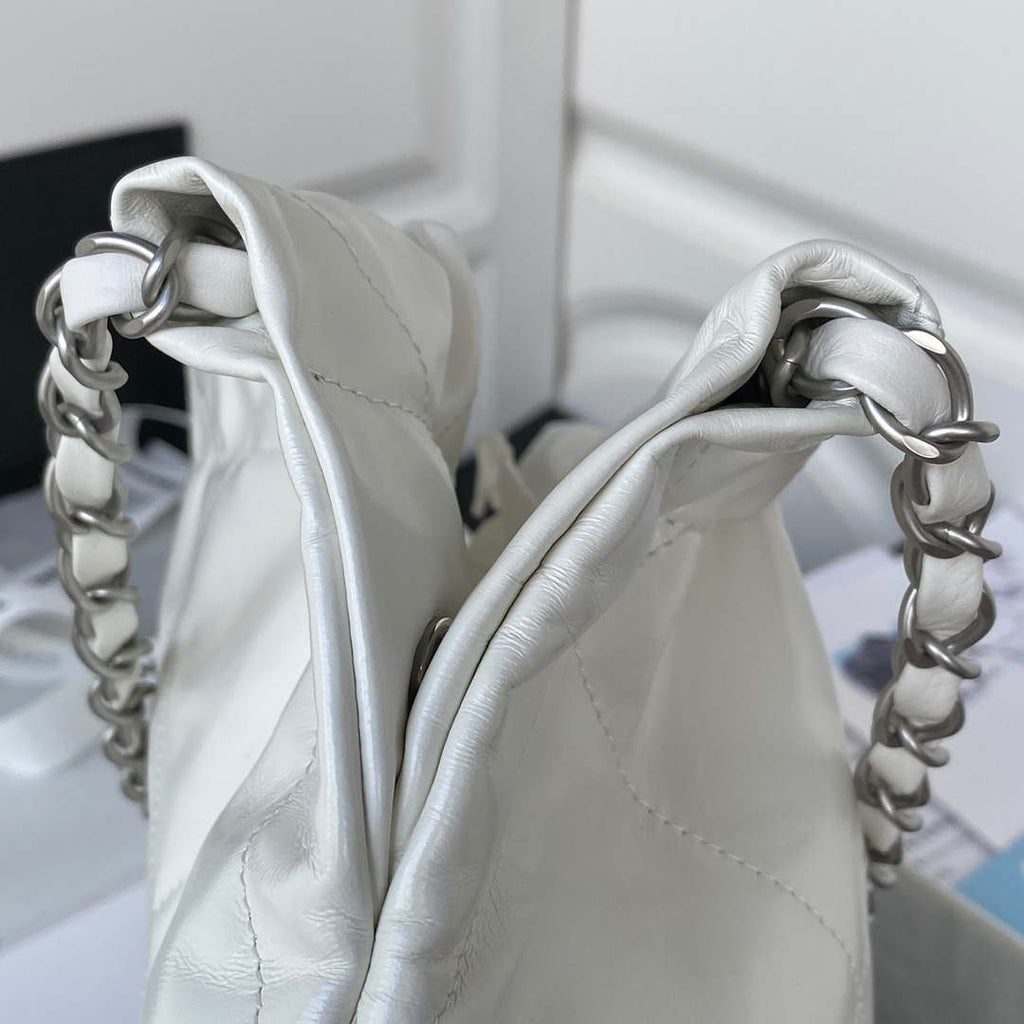 Chanel 22 Handbag Shiny Calfskin Gold AS3261 White with Silver Logo
